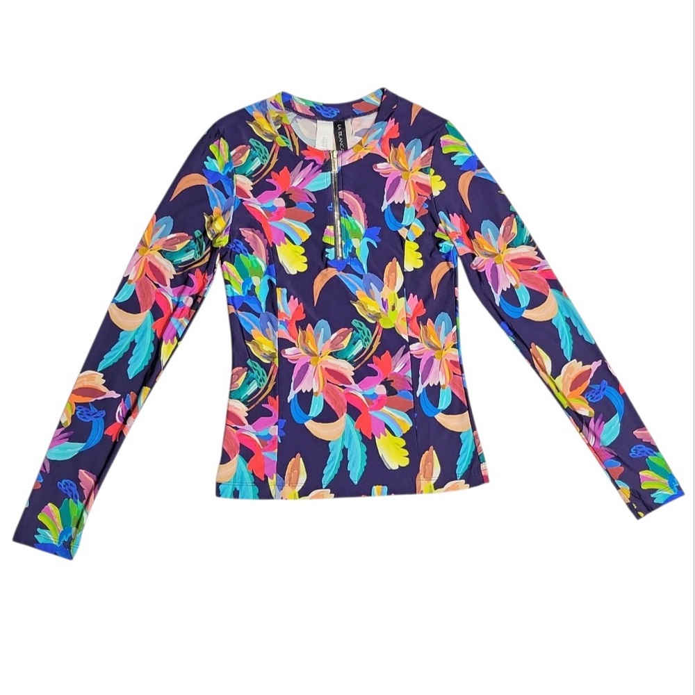 La Blanca Paradise Long Sleeve Half Zip Rashguard Floral Beach Wear Top Size L - Picture 3 of 11